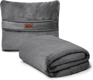 Travel Blanket Pillow Throw Fleece - 2-in-1 Travel Pillow and Blanket Set for Airplane Fluffy Fuzzy Soft Cozy Thick Lightweight Gray 450GSM 67"x50"