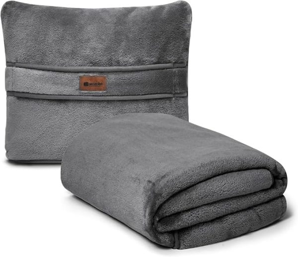 Travel Blanket Pillow Throw Fleece - 2-in-1 Travel Pillow and Blanket Set for Airplane Fluffy Fuzzy Soft Cozy Thick Lightweight Gray 450GSM 67"x50"
