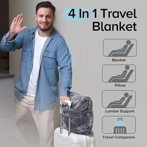 Travel Blanket Pillow Throw Fleece - 2-in-1 Travel Pillow and Blanket Set for Airplane Fluffy Fuzzy Soft Cozy Thick Lightweight Gray 450GSM 67"x50" - Image 2